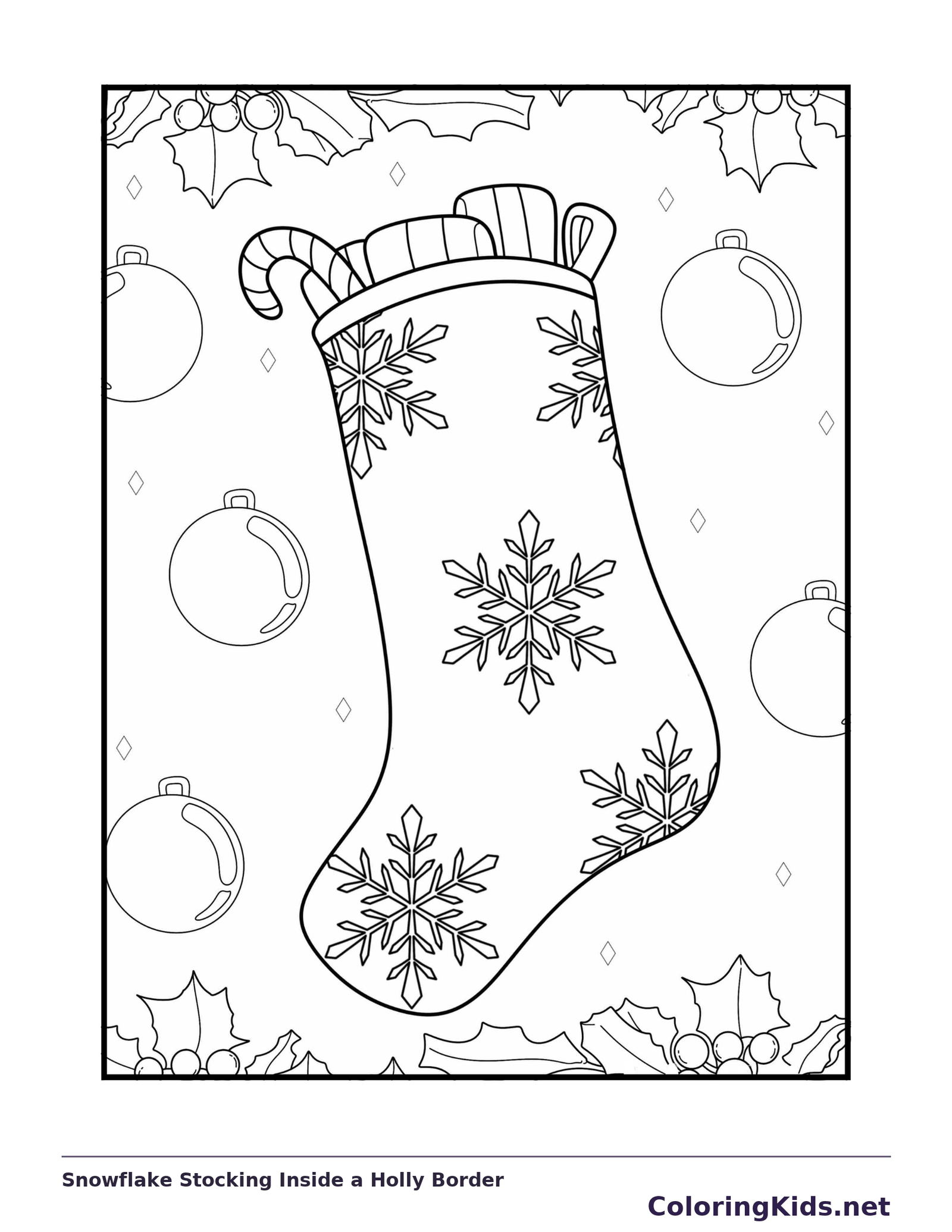 Snowflake Stocking Inside a Holly Border coloring page: black and white line art to print or color online