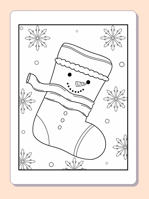 Snowman-Face Stocking in a Scarf coloring page: black and white line art to print or color online