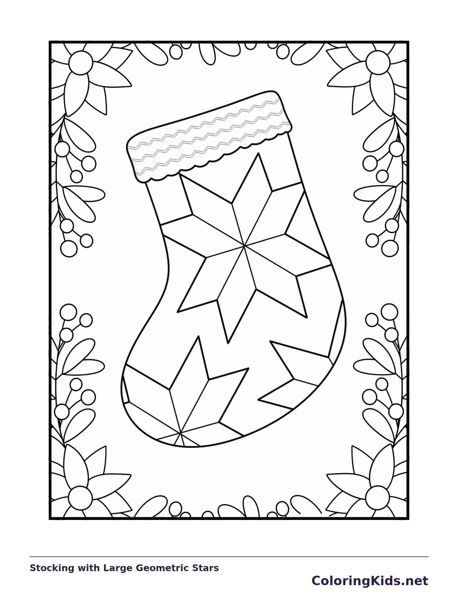 Stocking with Large Geometric Stars coloring page: black and white line art to print or color online
