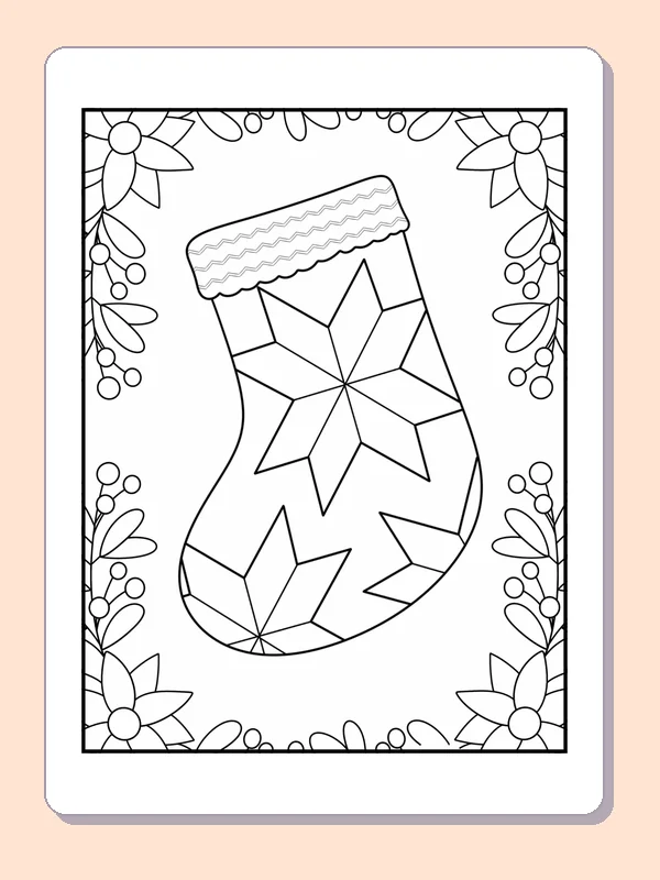 Stocking with Large Geometric Stars coloring page: black and white line art to print or color online