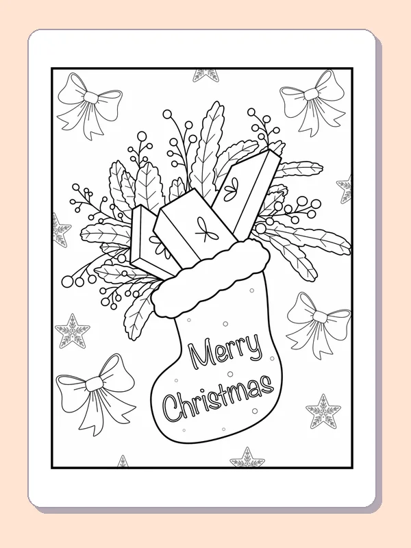 Lettered Stocking with Winter Greenery coloring page: black and white line art to print or color online
