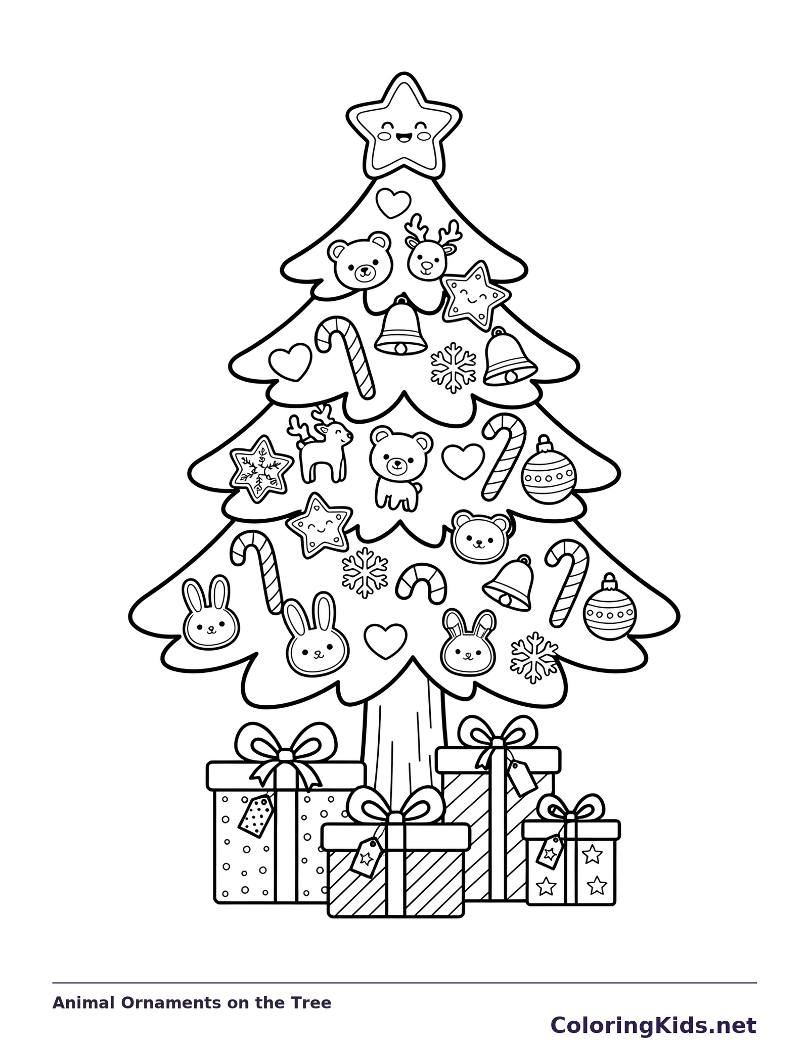 Animal Ornaments on the Tree: black and white Christmas tree line art to print or color online
