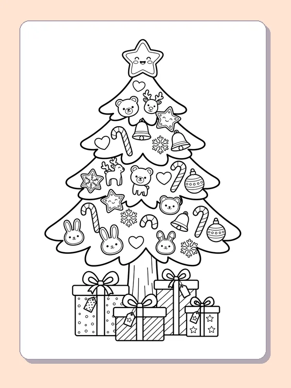 Animal Ornaments on the Tree: black and white Christmas tree line art to print or color online
