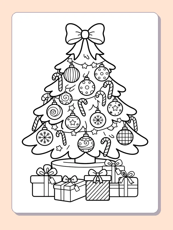 Bauble Tree with Large Bow: black and white Christmas tree line art to print or color online