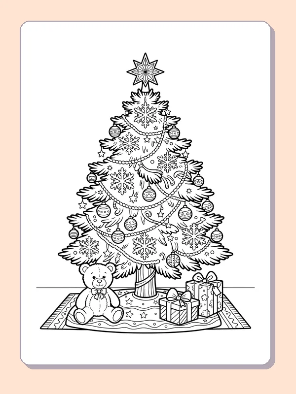 Bear beside a Tinsel Tree: black and white Christmas tree line art to print or color online