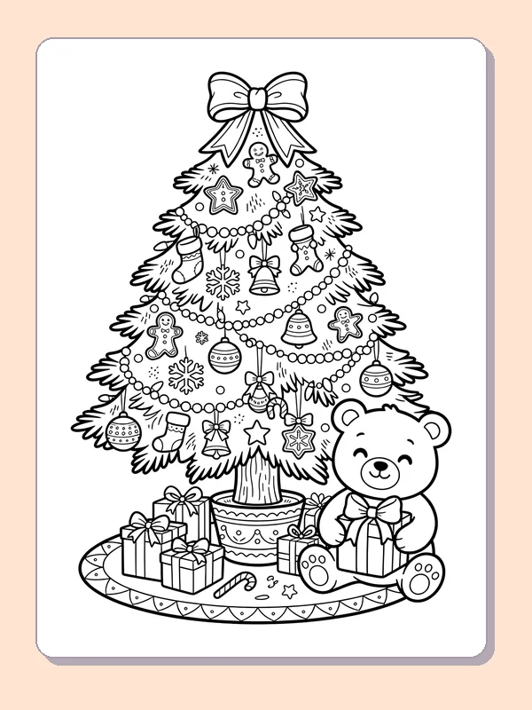 Bear by the Christmas Presents: black and white Christmas tree line art to print or color online