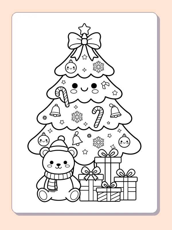Bear in Front of Ornament Tree: black and white Christmas tree line art to print or color online