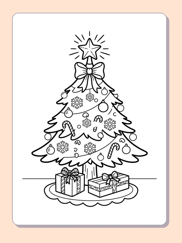 Bow and Star Tree on Snow: black and white Christmas tree line art to print or color online