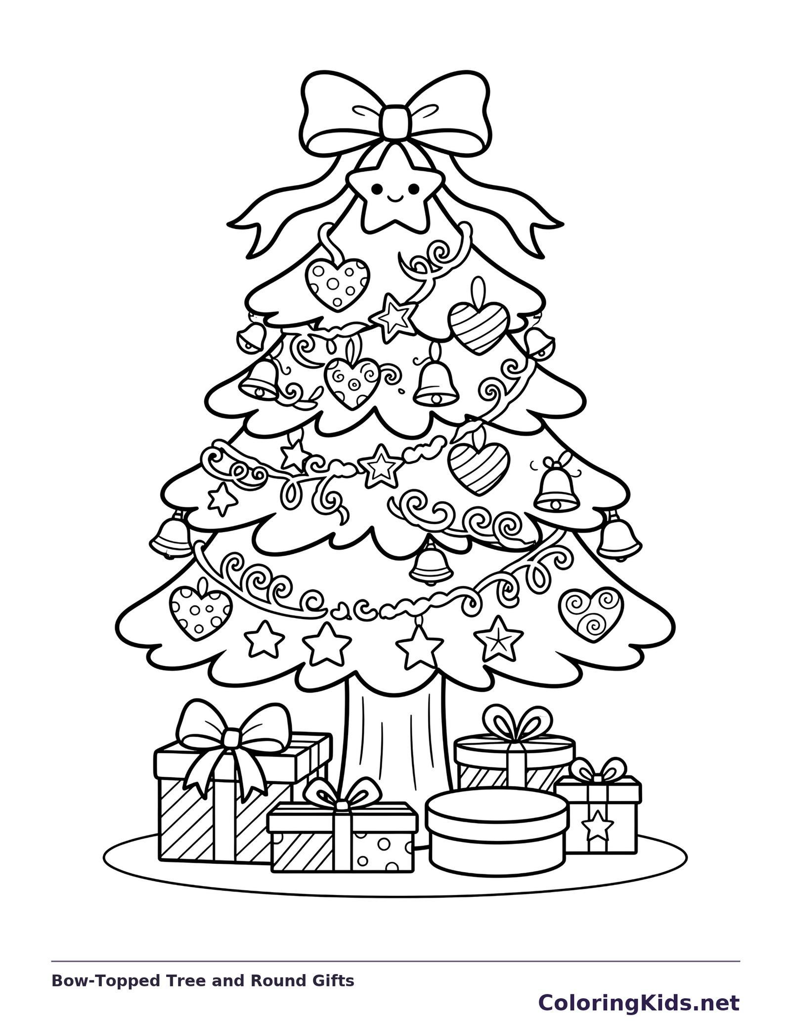 Bow-Topped Tree and Round Gifts: black and white Christmas tree line art to print or color online