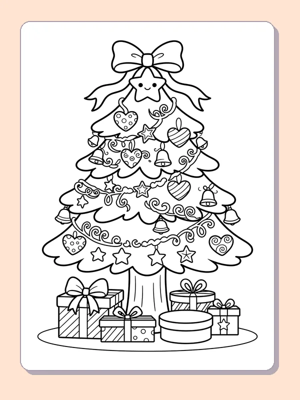 Bow-Topped Tree and Round Gifts: black and white Christmas tree line art to print or color online