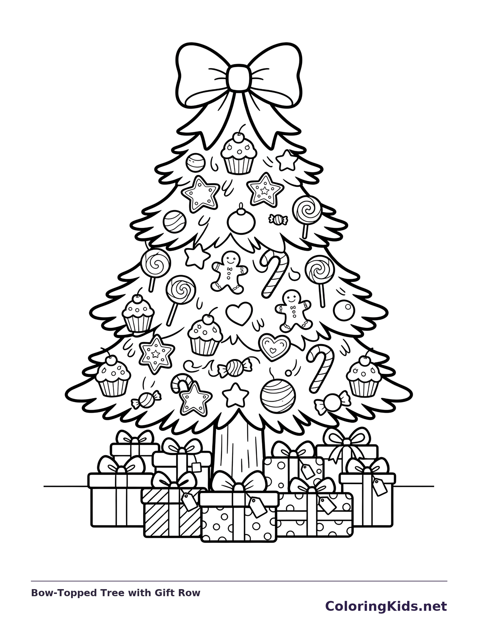 Bow-Topped Tree with Gift Row: black and white Christmas tree line art to print or color online