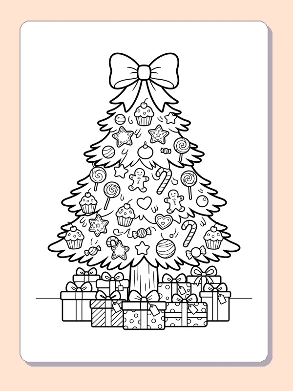 Bow-Topped Tree with Gift Row: black and white Christmas tree line art to print or color online