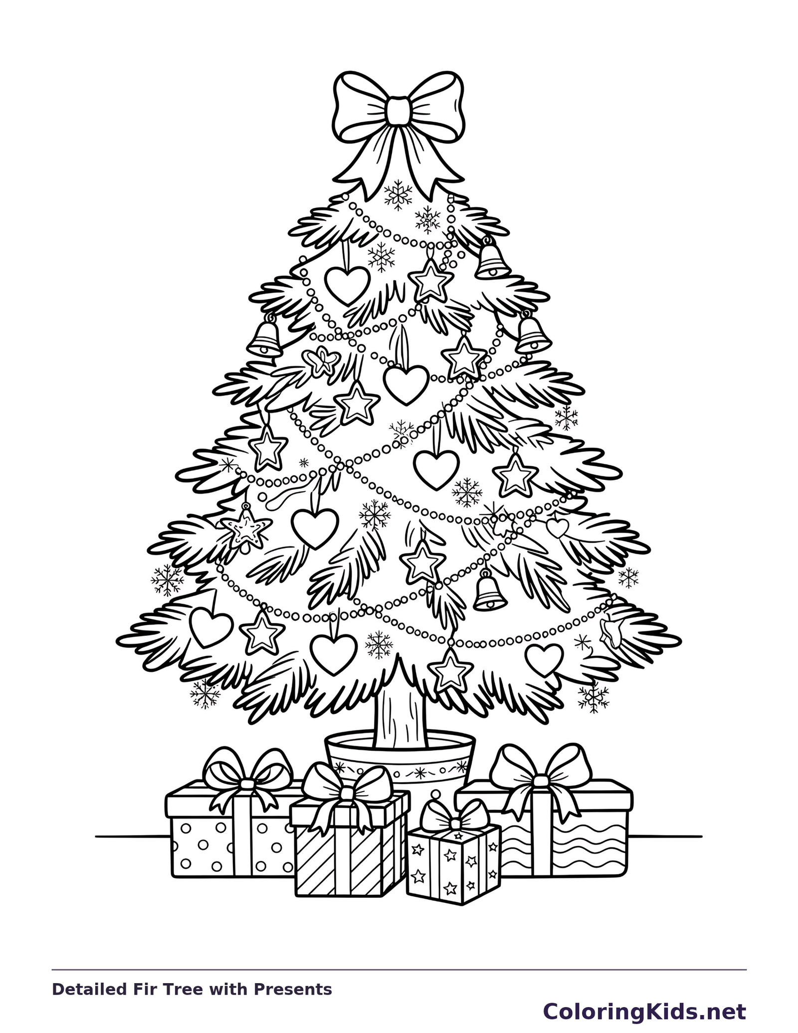 Detailed Fir Tree with Presents: black and white Christmas tree line art to print or color online