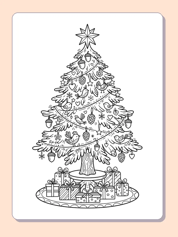 Detailed Tree with Garland Strands: black and white Christmas tree line art to print or color online