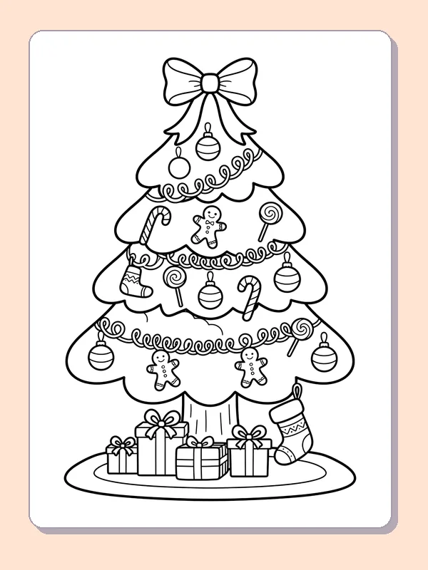 Gingerbread Ornaments on Tree: black and white Christmas tree line art to print or color online