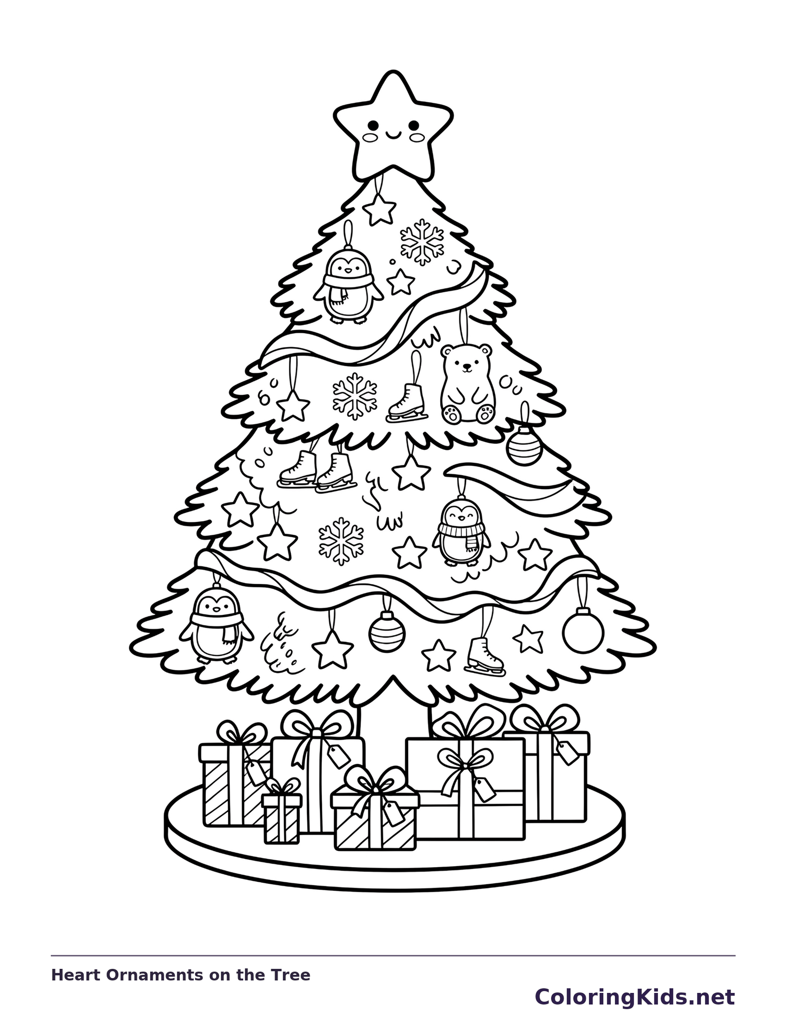Heart Ornaments on the Tree: black and white Christmas tree line art to print or color online