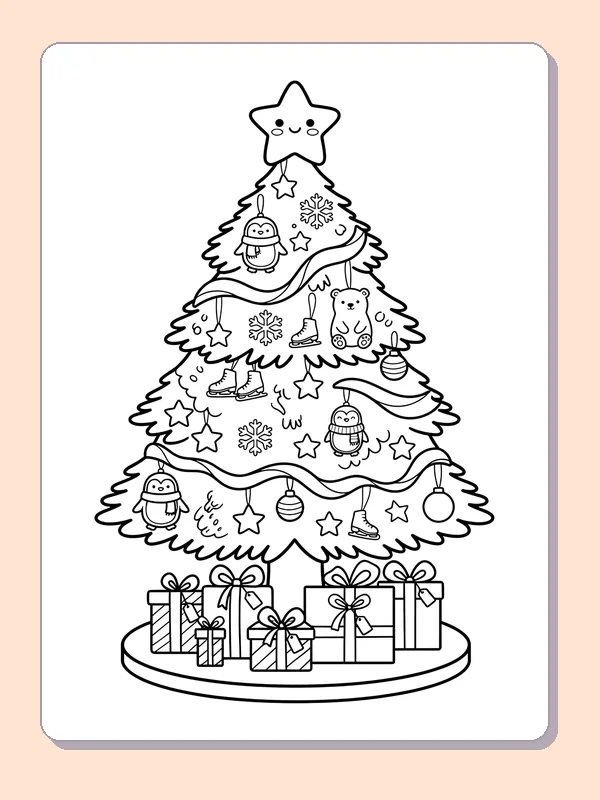 Heart Ornaments on the Tree: black and white Christmas tree line art to print or color online