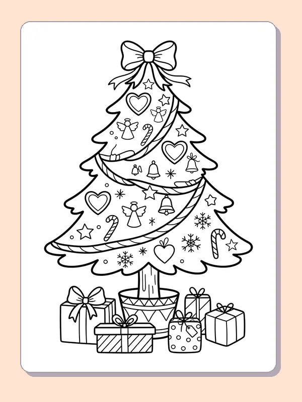Layered Tree with Ornaments: black and white Christmas tree line art to print or color online