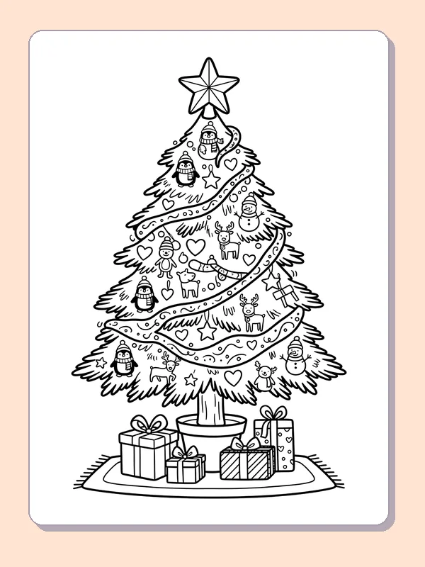 Ornament Tree on a Round Mat: black and white Christmas tree line art to print or color online