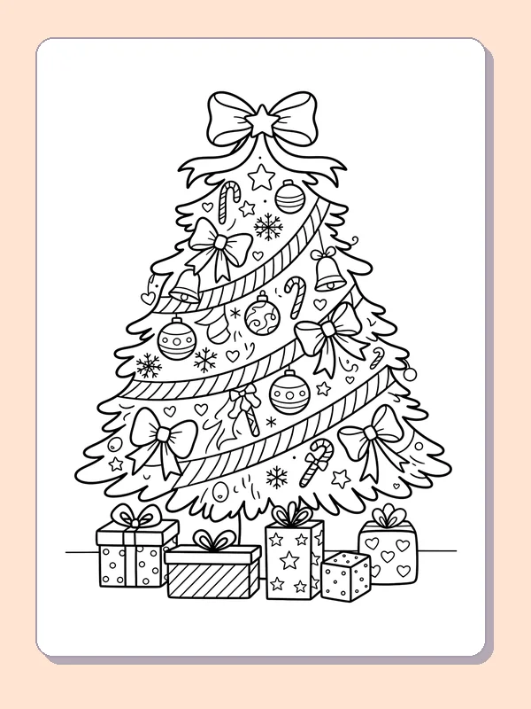 Ribbon-Wrapped Christmas Tree: black and white Christmas tree line art to print or color online