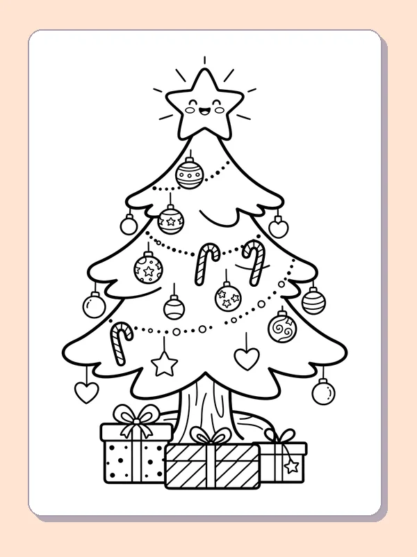 Simple Star-Topped Gift Tree: black and white Christmas tree line art to print or color online