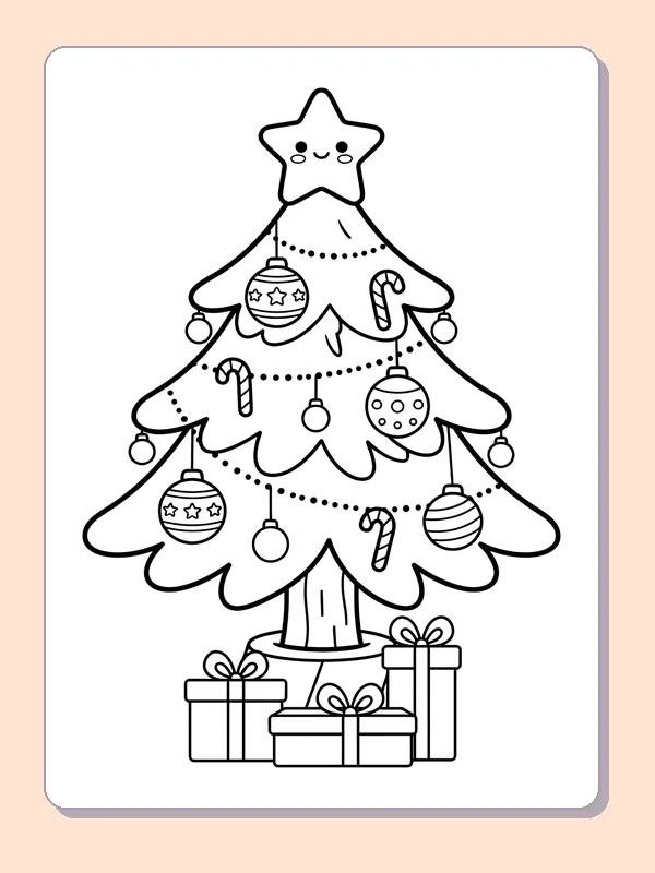 Smiling Star above Baubles: black and white Christmas tree line art to print or color online
