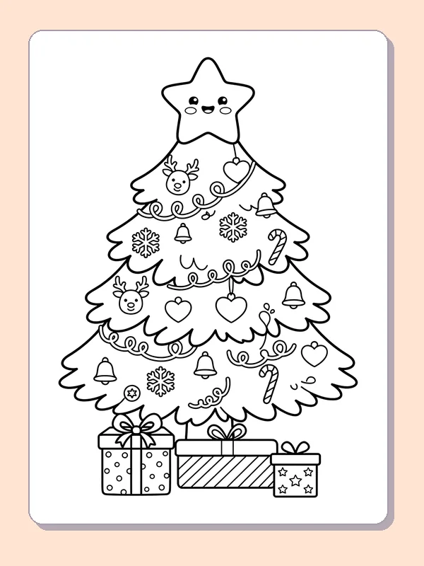 Smiling Star over the Gifts: black and white Christmas tree line art to print or color online