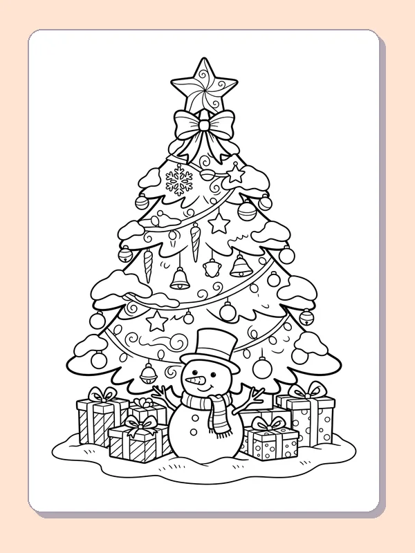 Snowman beside a Garland Tree: black and white Christmas tree line art to print or color online