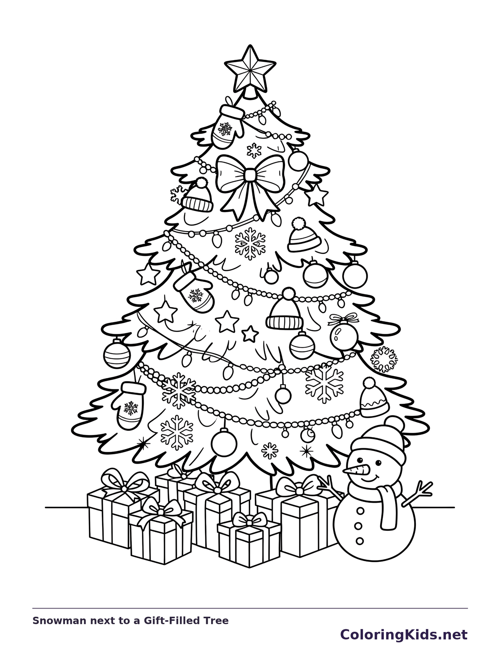 Snowman next to a Gift-Filled Tree: black and white Christmas tree line art to print or color online