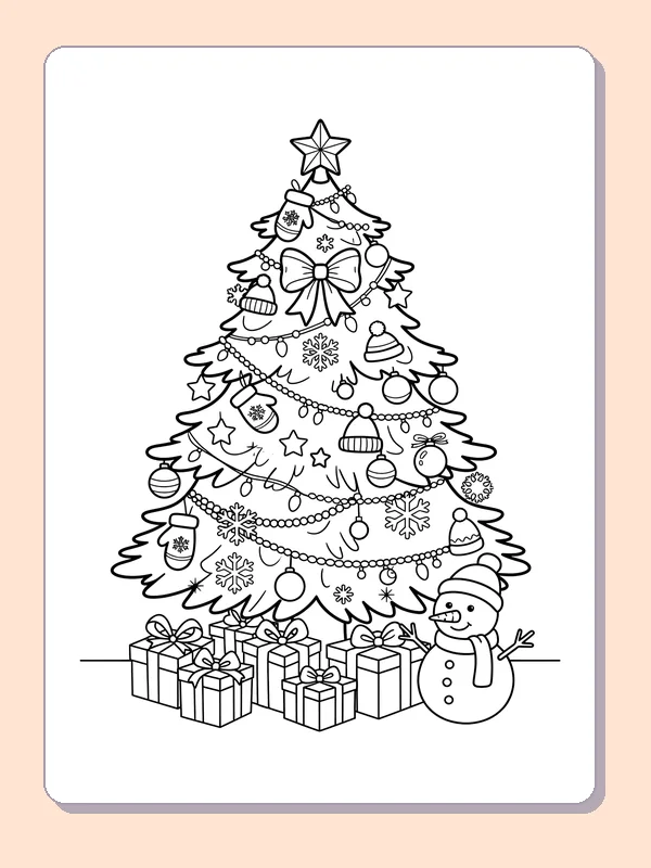 Snowman next to a Gift-Filled Tree: black and white Christmas tree line art to print or color online