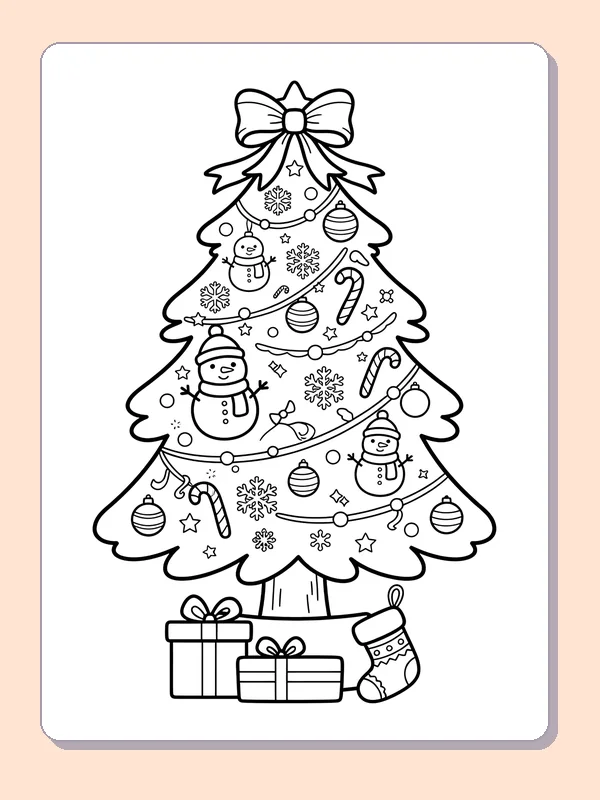 Snowman Ornament Christmas Tree: black and white Christmas tree line art to print or color online