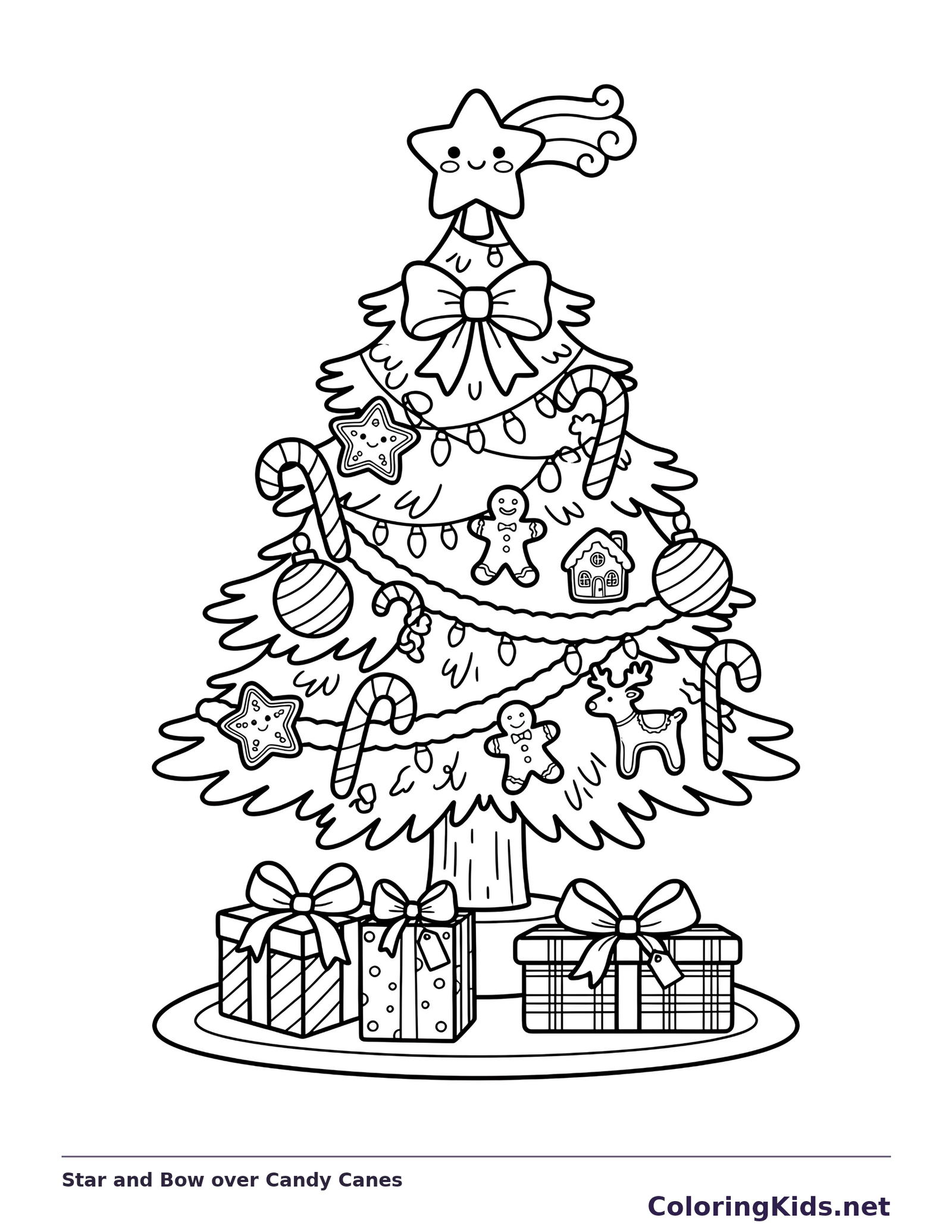 Star and Bow over Candy Canes: black and white Christmas tree line art to print or color online