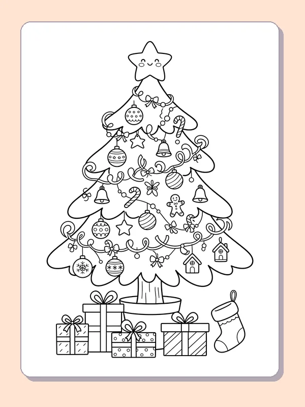 Star Tree with Mixed Ornaments: black and white Christmas tree line art to print or color online