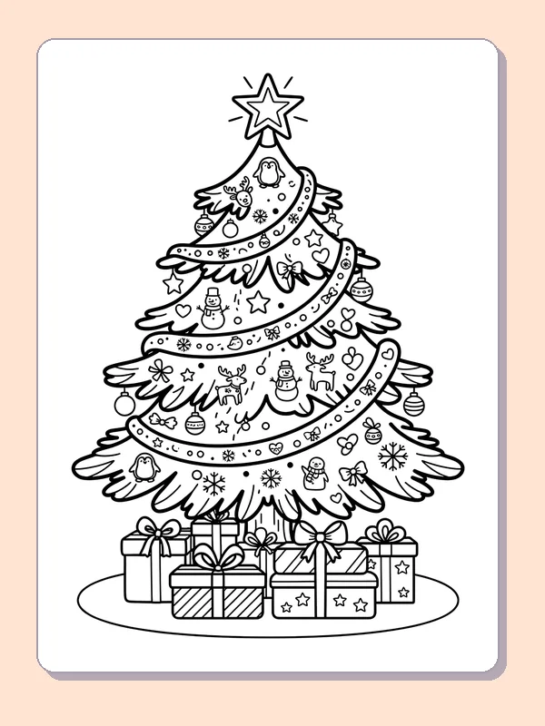 Starry Tree with Tinsel Garlands: black and white Christmas tree line art to print or color online