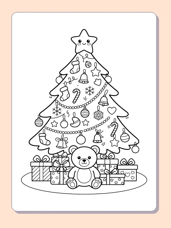 Teddy Bear beneath the Tree: black and white Christmas tree line art to print or color online