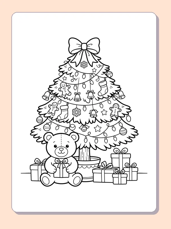Teddy Bear by a Bow-Topped Tree: black and white Christmas tree line art to print or color online