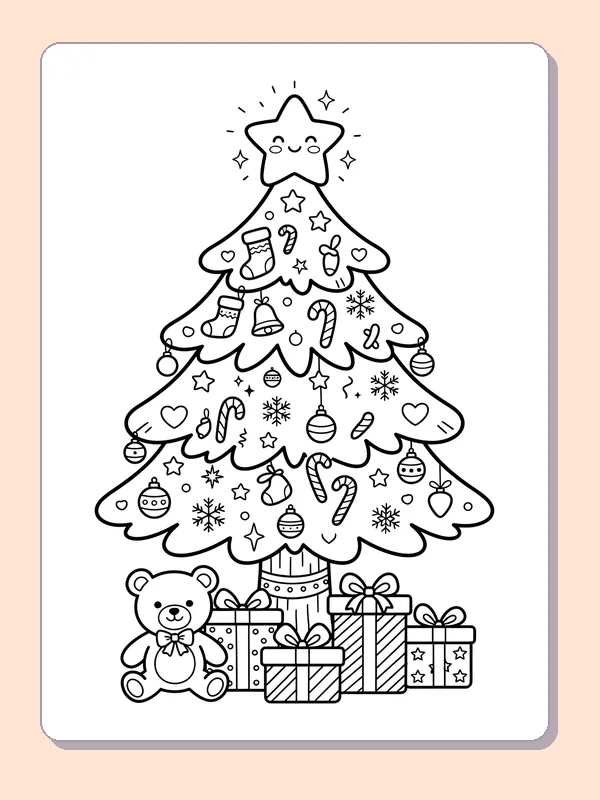 Teddy Bear under a Star Tree: black and white Christmas tree line art to print or color online