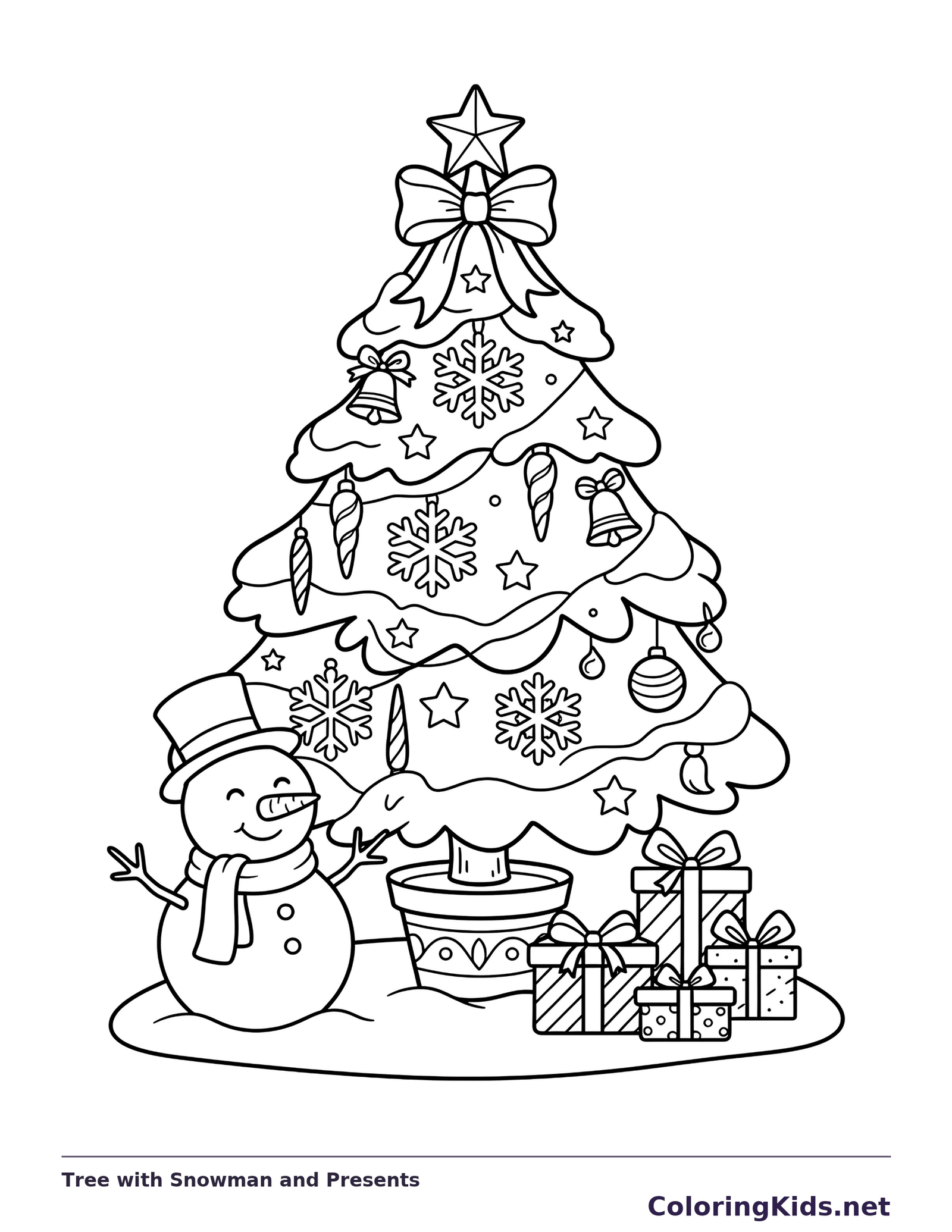 Tree with Snowman and Presents: black and white Christmas tree line art to print or color online