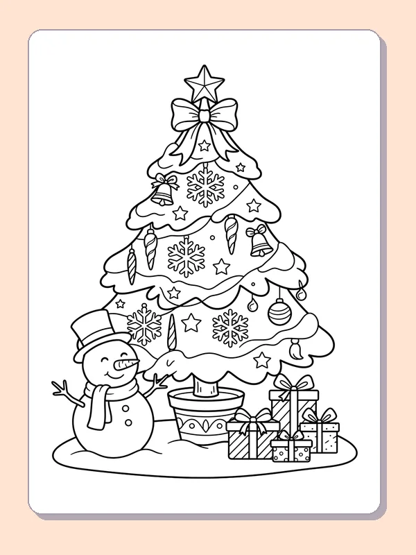 Tree with Snowman and Presents: black and white Christmas tree line art to print or color online