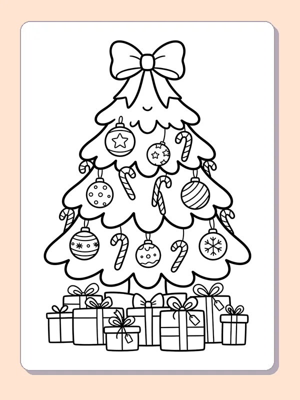 Wide Bow over Candy Cane Tree: black and white Christmas tree line art to print or color online