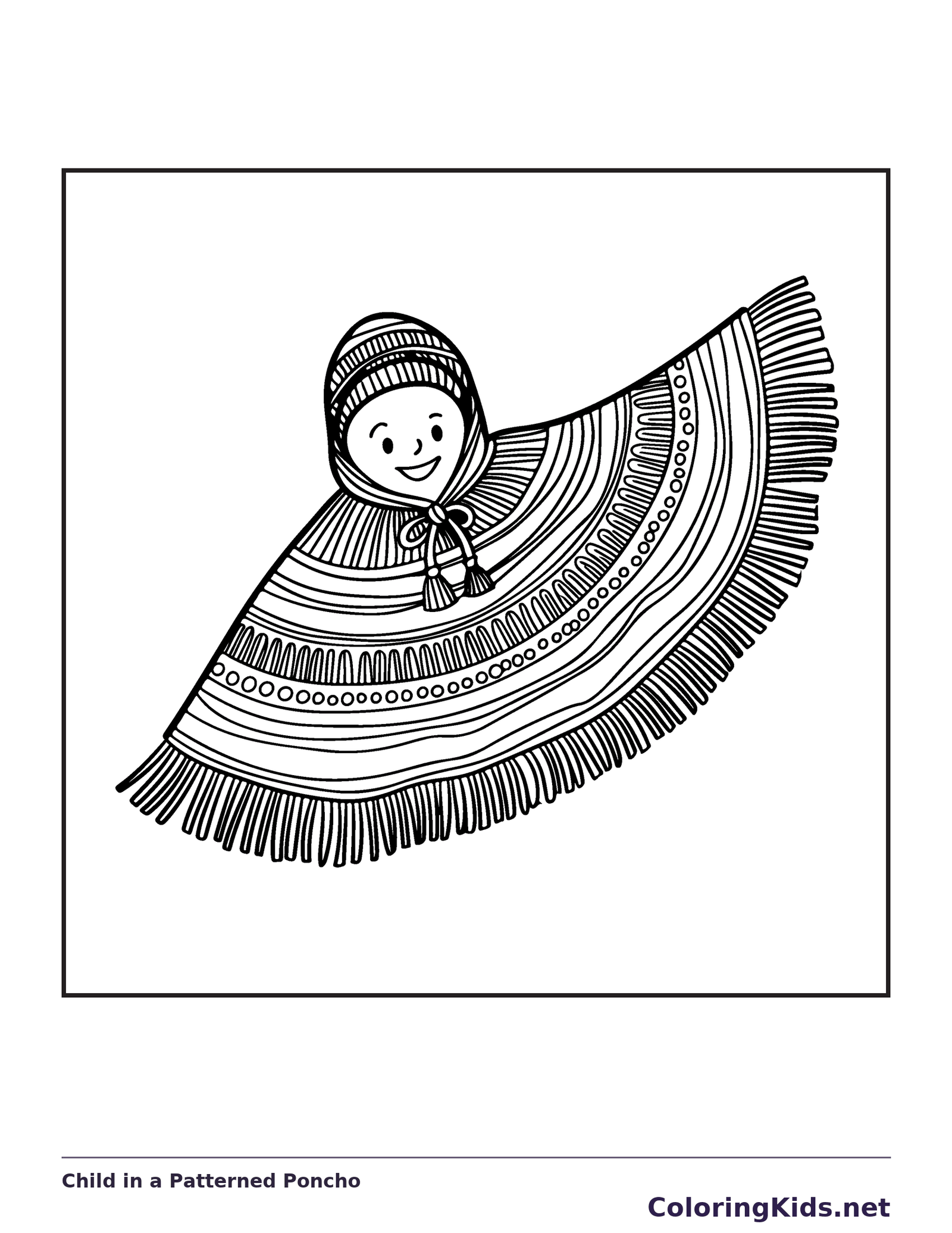 Black and white printable child in a patterned poncho coloring sheet