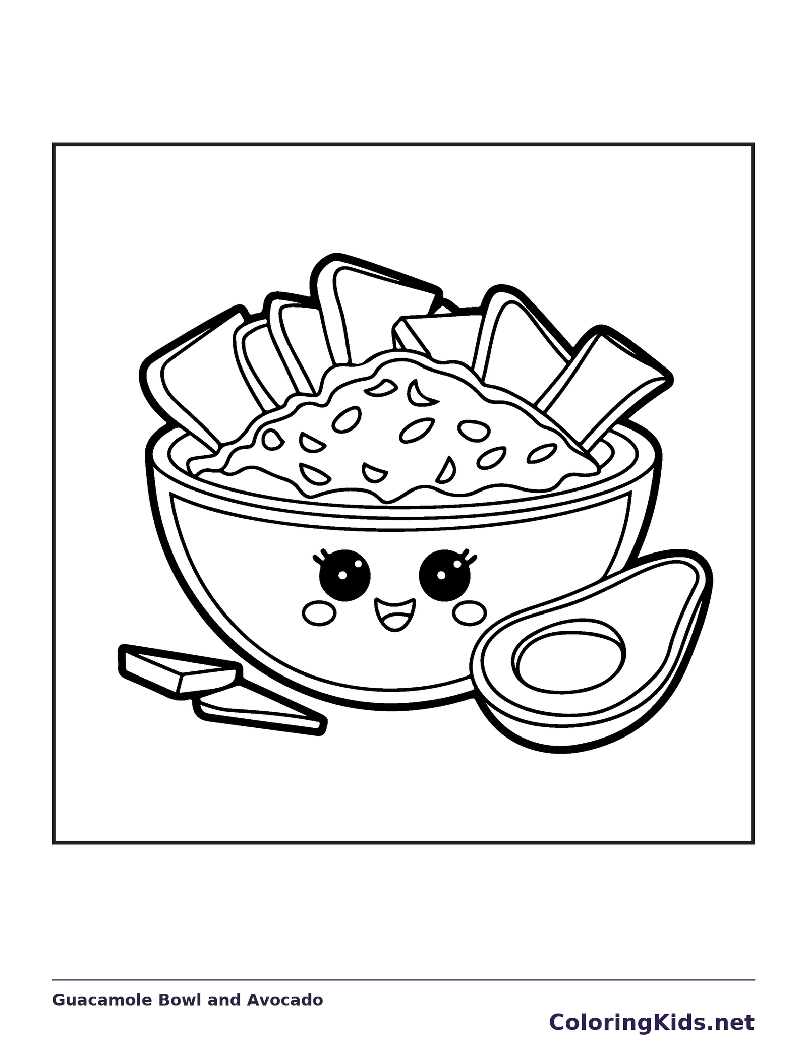 Black and white printable guacamole bowl and avocado coloring sheet