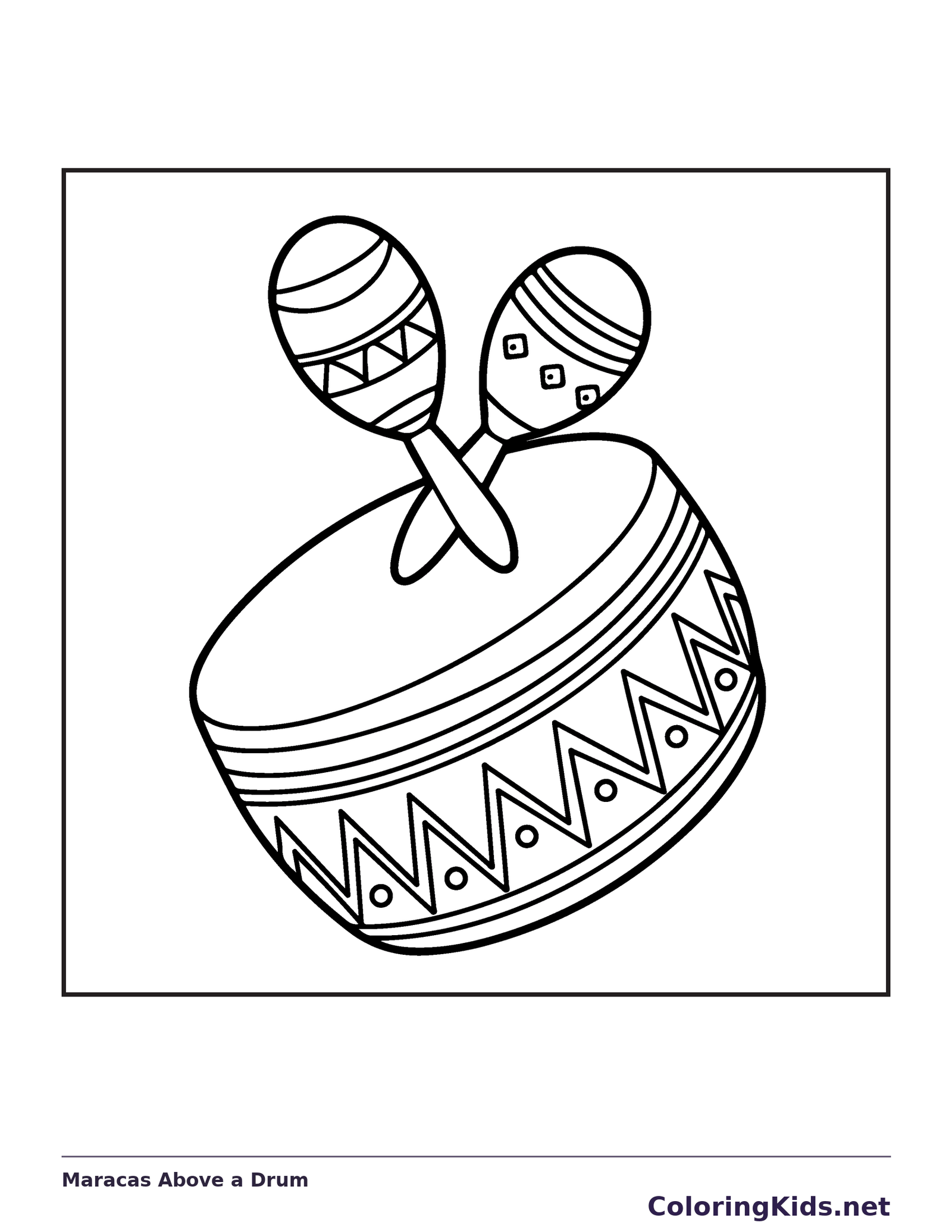 Black and white printable maracas above a drum coloring sheet