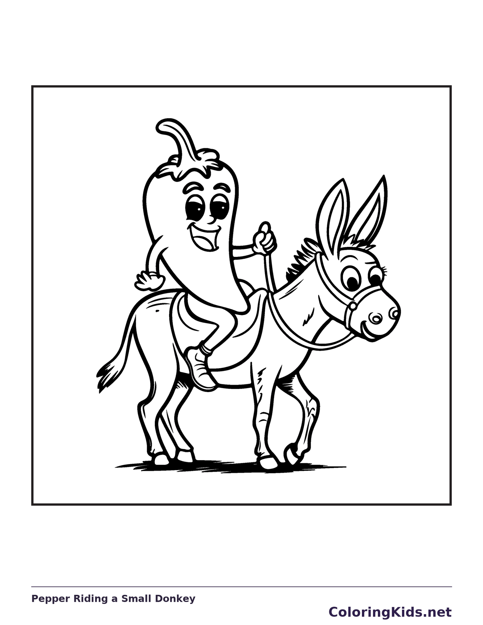 Line drawing of a pepper character riding a little donkey