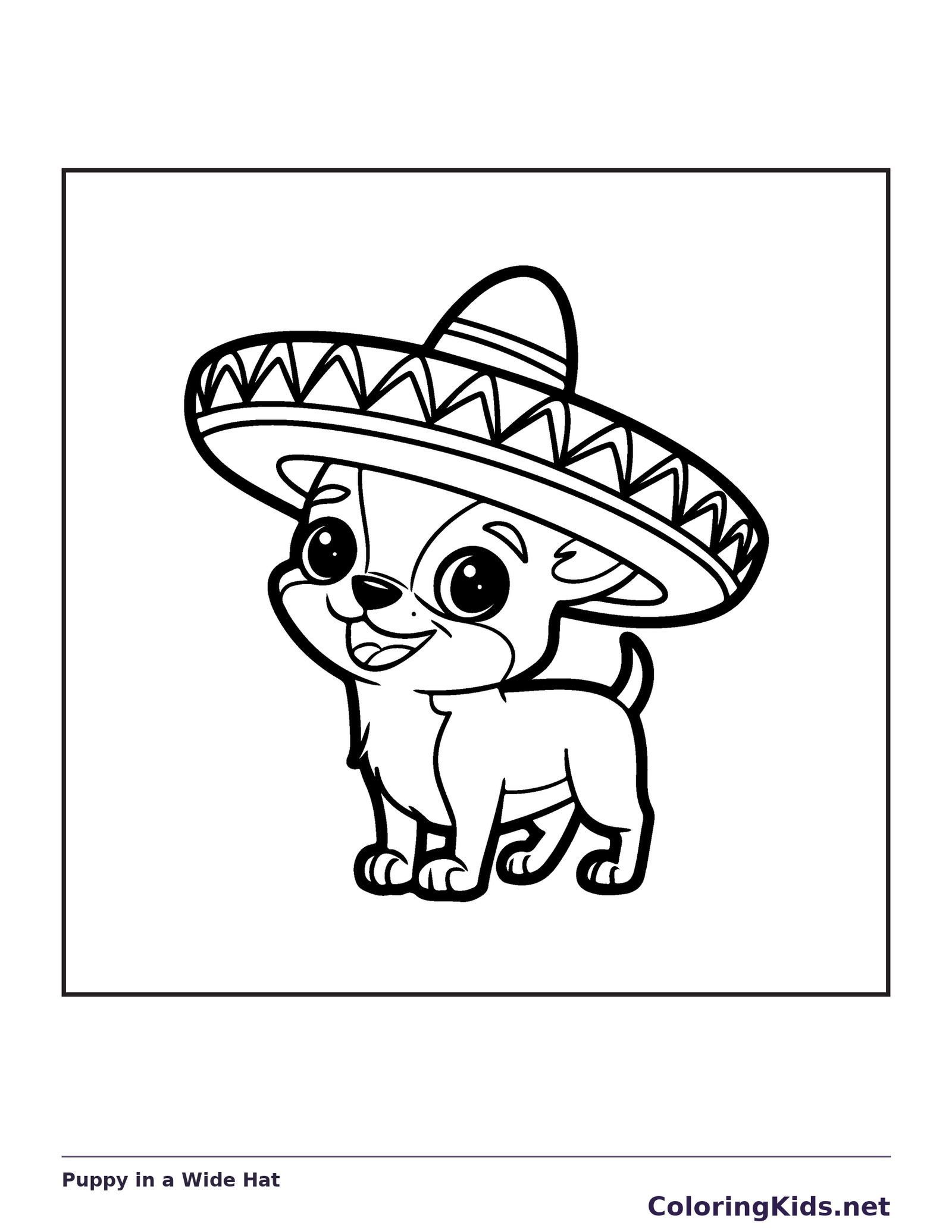 Black and white printable puppy in a wide hat coloring sheet