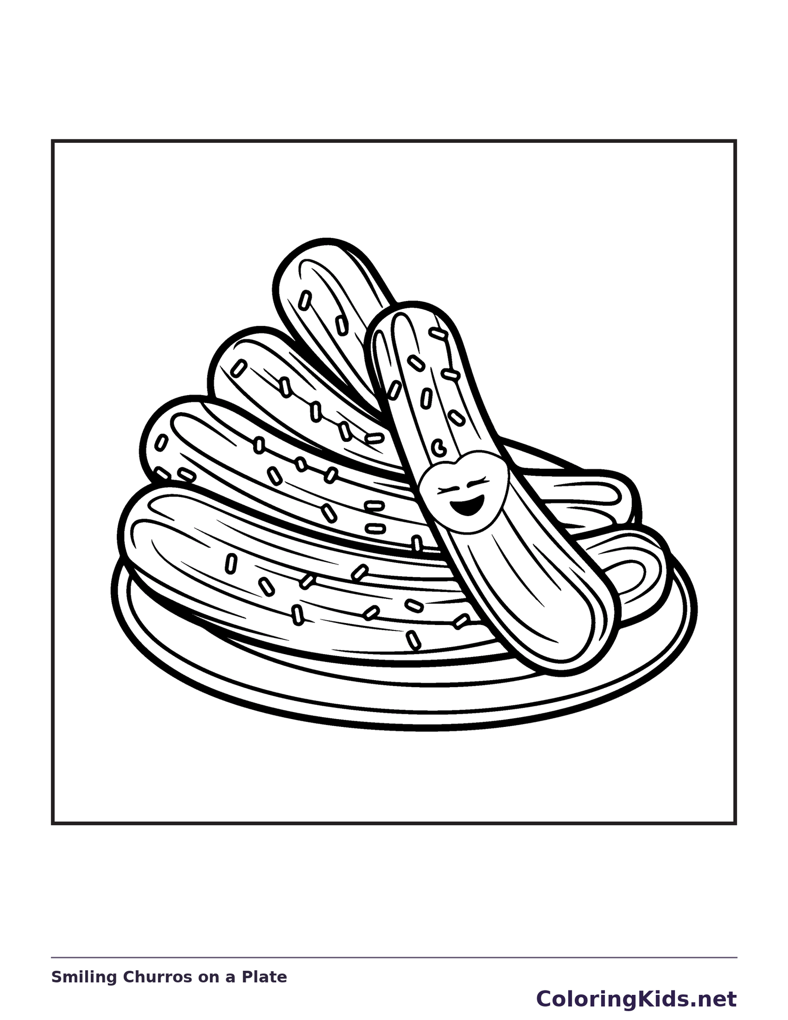 Black and white printable smiling churros on a plate coloring sheet