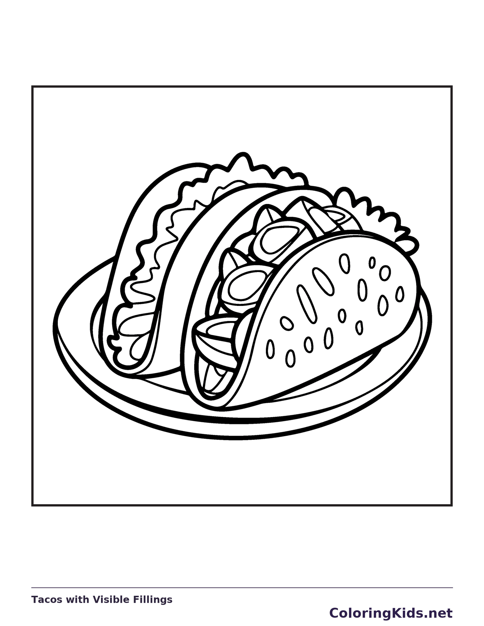 Black and white printable tacos with visible fillings coloring sheet
