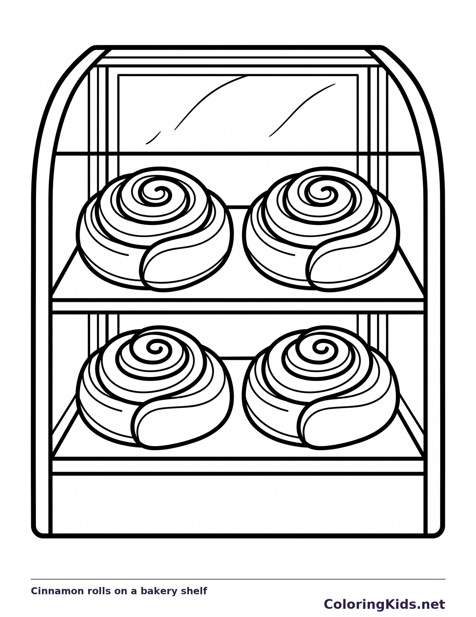 Cinnamon rolls on a bakery shelf cinnamon roll coloring page, black and white line art to print or color online