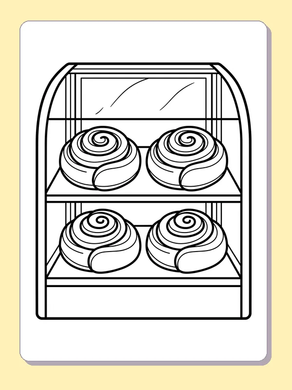 Cinnamon rolls on a bakery shelf cinnamon roll coloring page, black and white line art to print or color online