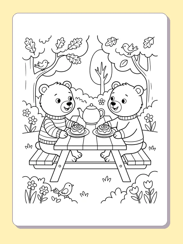 Bears sharing cinnamon rolls cinnamon roll coloring page, black and white line art to print or color online
